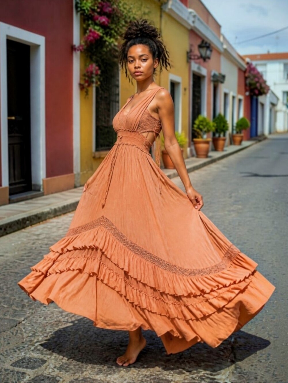 ✨Free People Santa Maria Ruffled Cut Out Freeest Colletion Maxi Dress! In Peach!